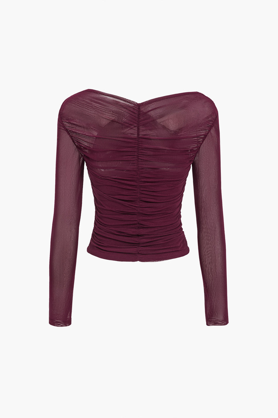 Luvrefashion | Fern Long Sleeve Ruched Mesh Top in Burgundy - detail view