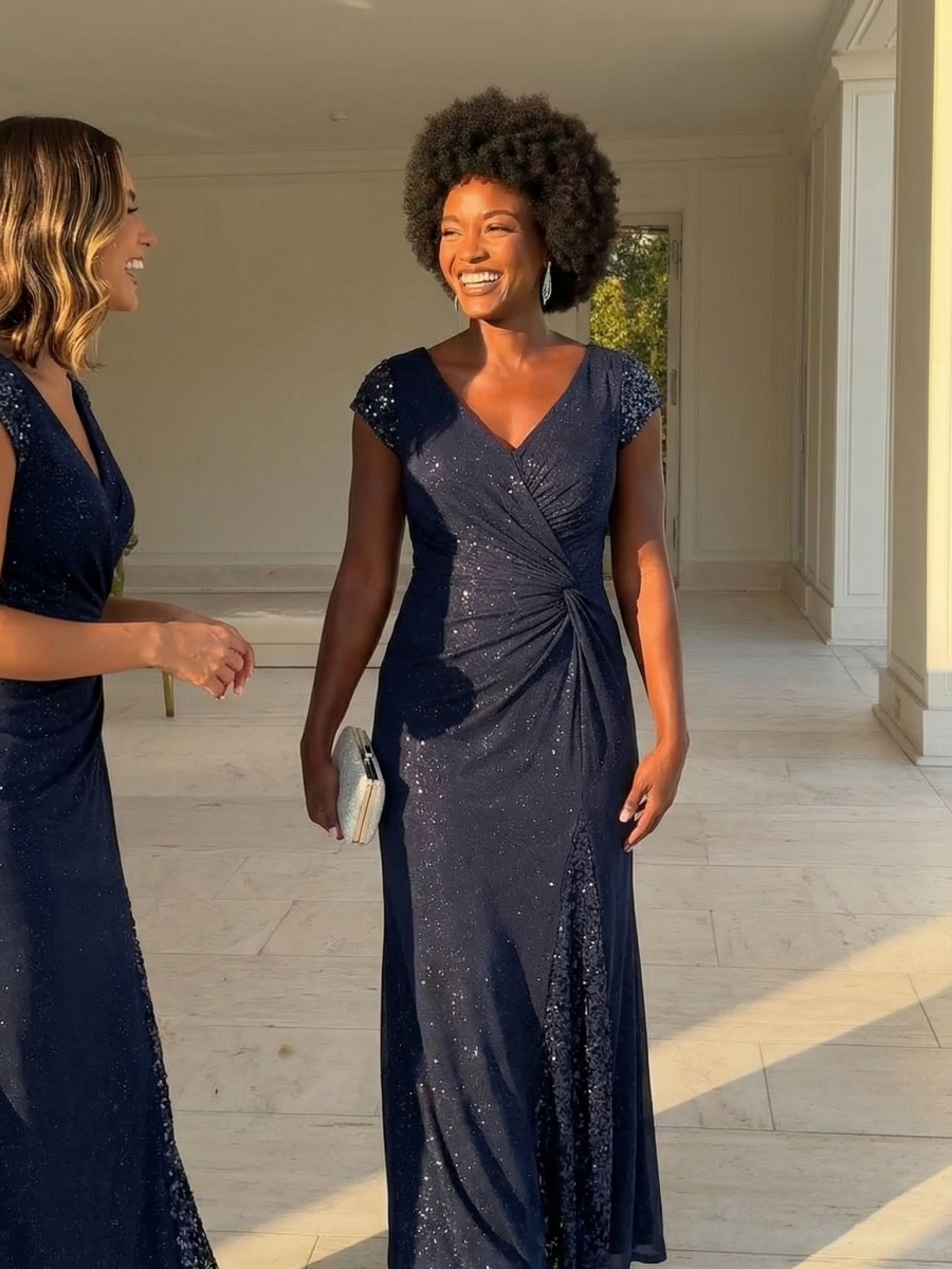 KAIA Silver Knotted Sequin Cap Sleeve Maxi Evening Dress