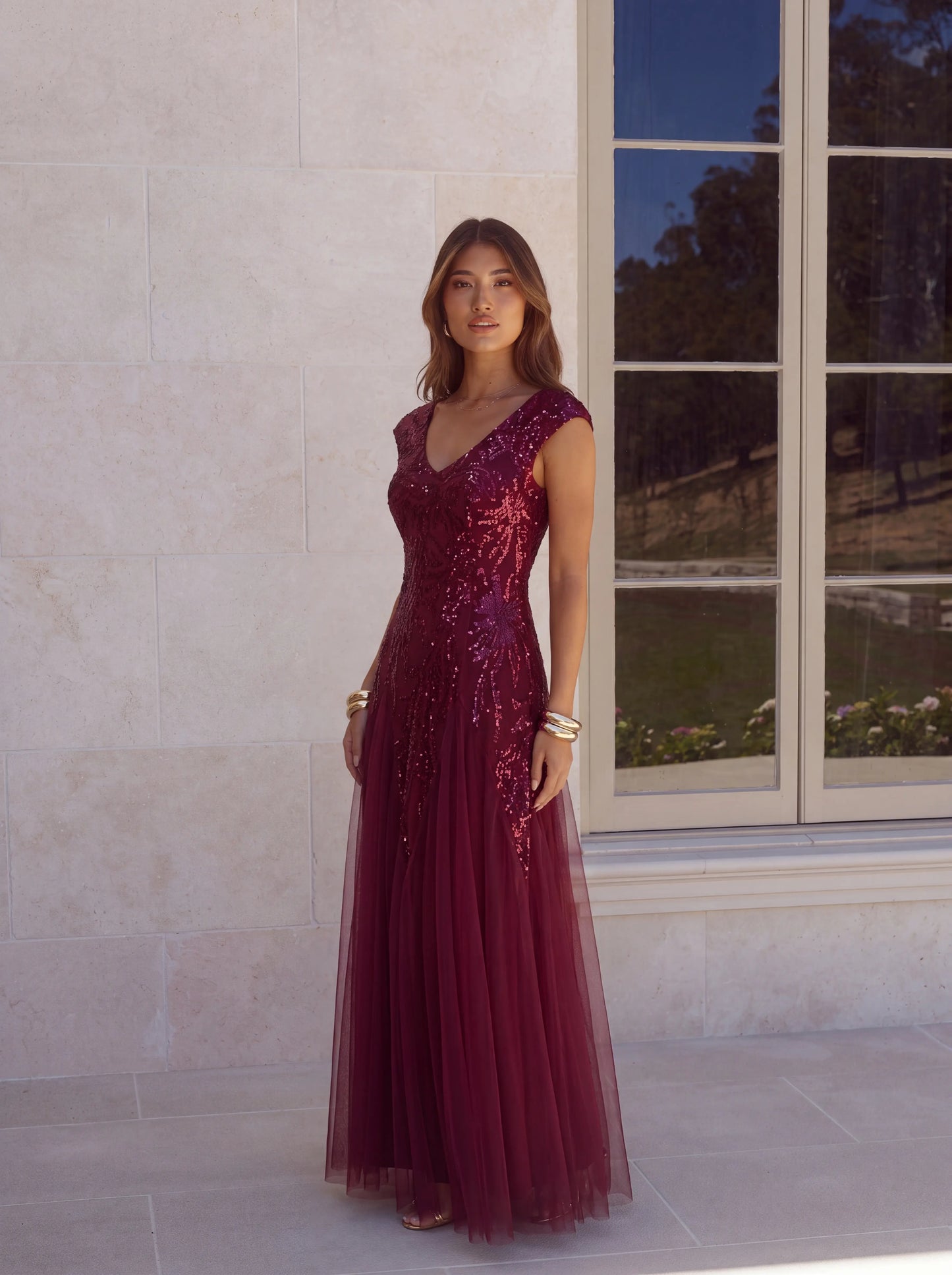 Freya Navy Sequin Embroidered Cap Sleeve Maxi Evening Dress