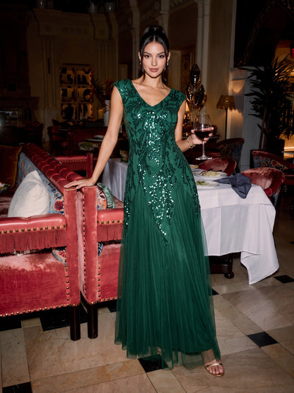 Freya Navy Sequin Embroidered Cap Sleeve Maxi Evening Dress