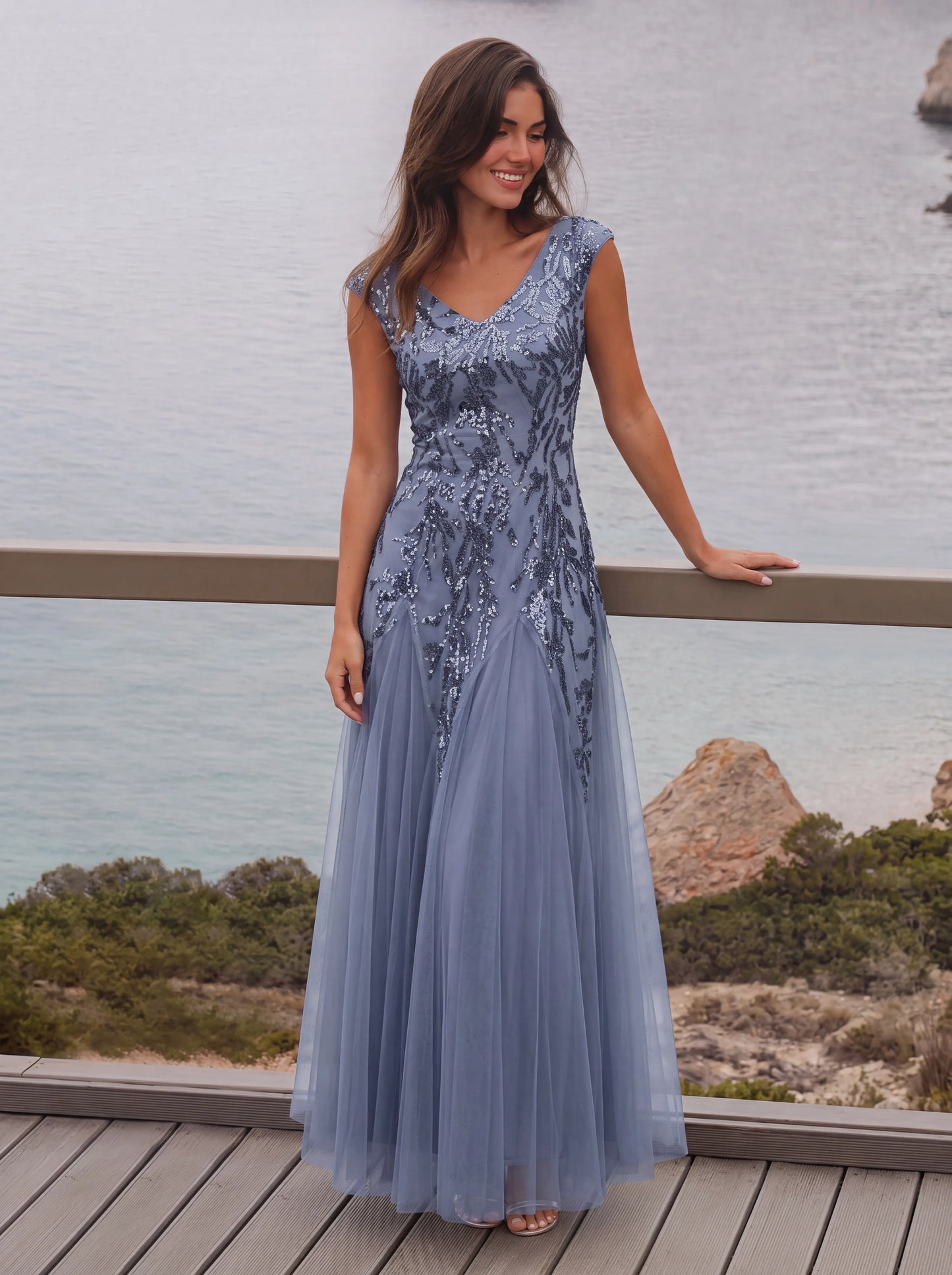 Freya Navy Sequin Embroidered Cap Sleeve Maxi Evening Dress