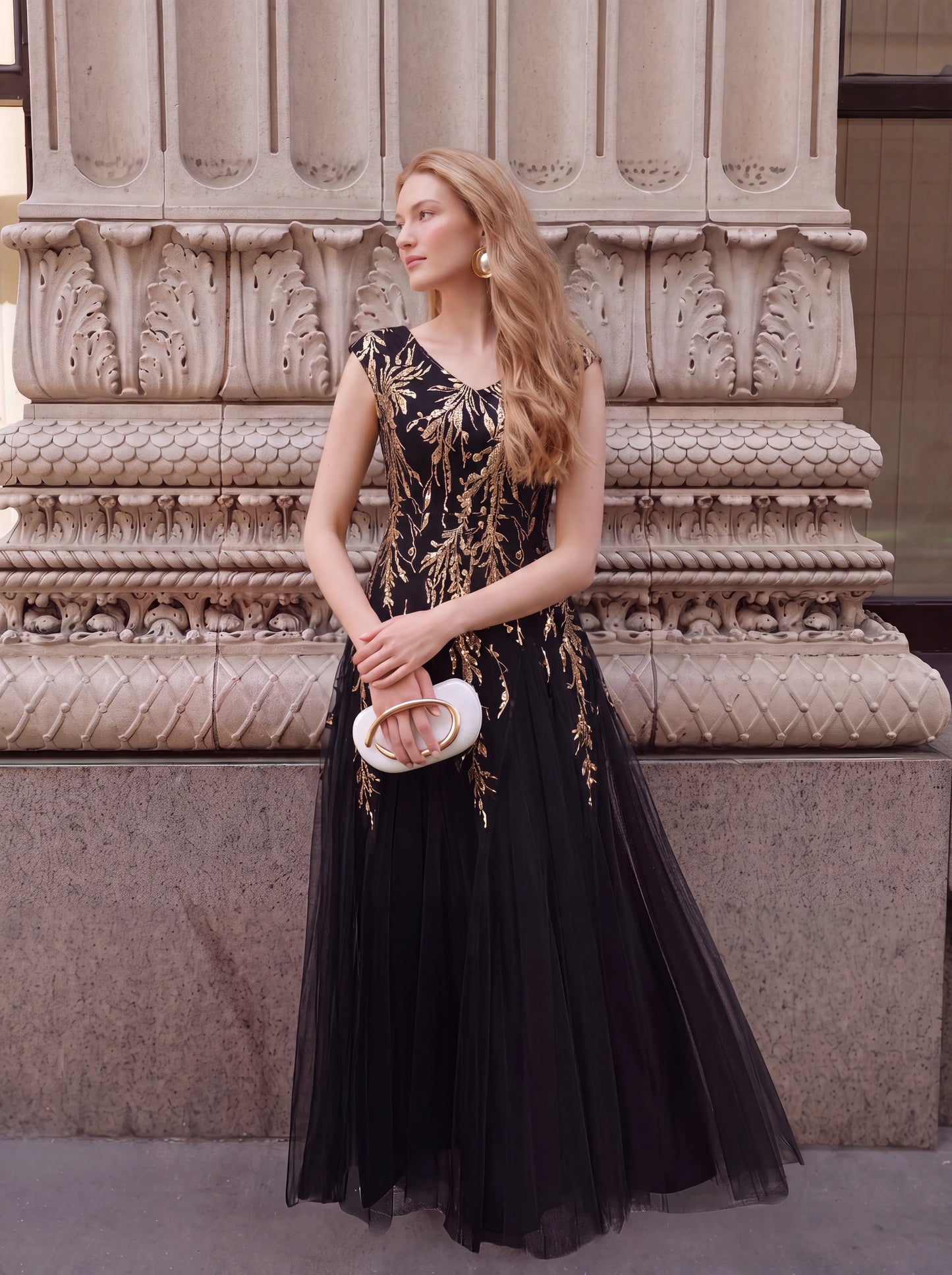 Freya Navy Sequin Embroidered Cap Sleeve Maxi Evening Dress