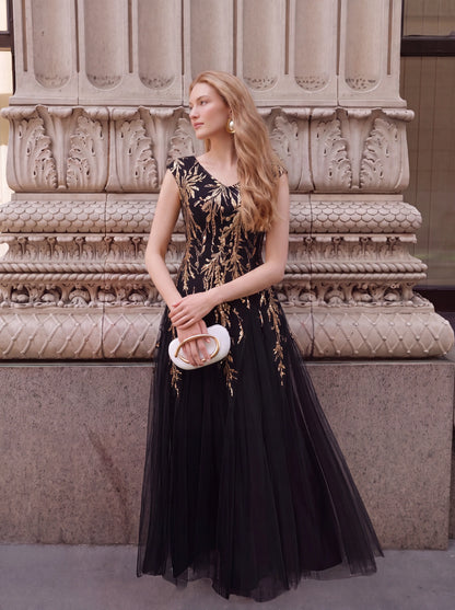 Freya Navy Sequin Embroidered Cap Sleeve Maxi Evening Dress