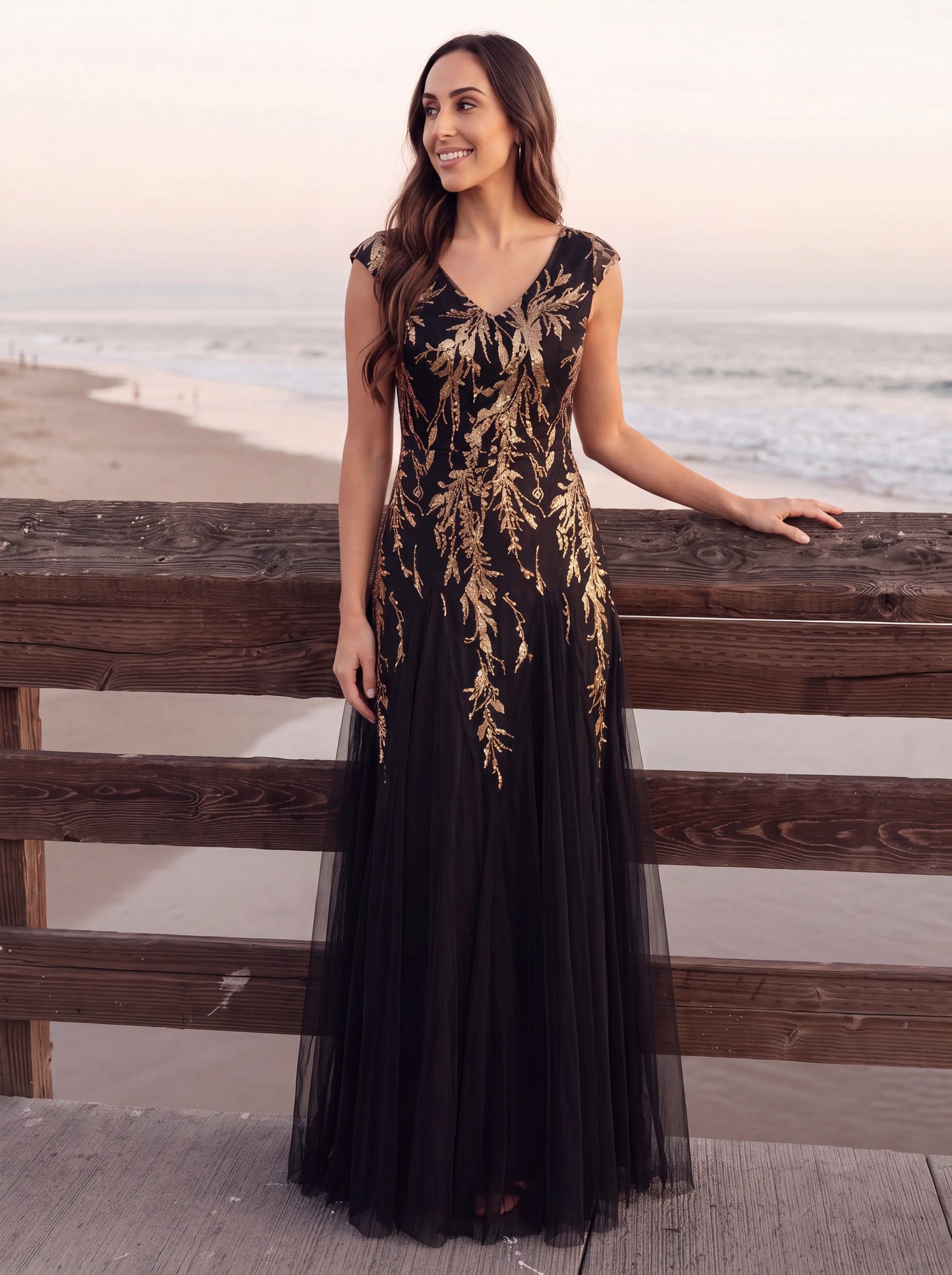 Freya Navy Sequin Embroidered Cap Sleeve Maxi Evening Dress