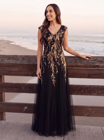 Freya Navy Sequin Embroidered Cap Sleeve Maxi Evening Dress