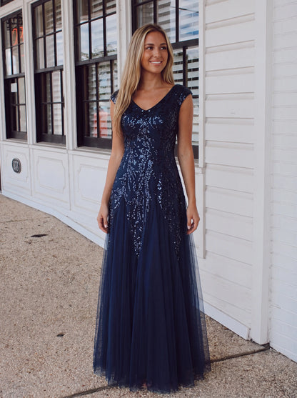 Freya Navy Sequin Embroidered Cap Sleeve Maxi Evening Dress