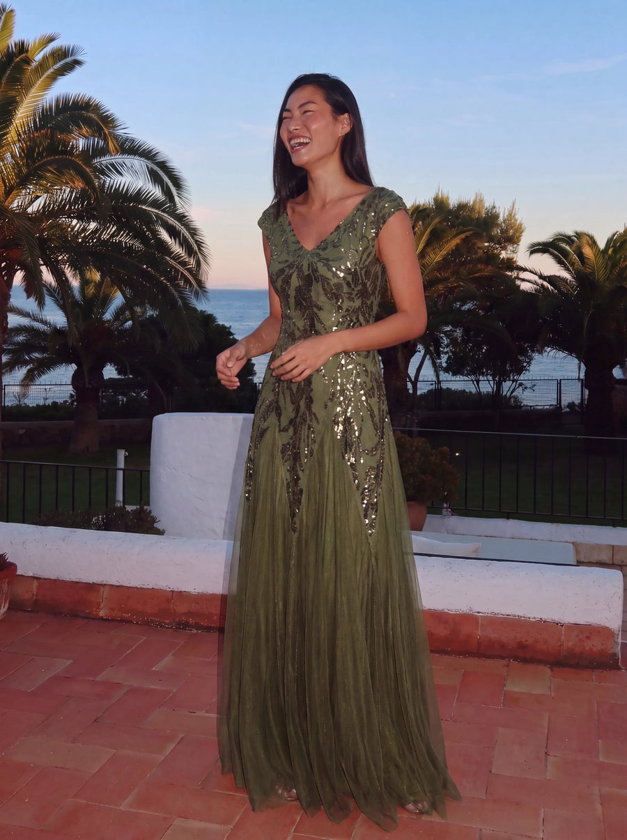 Freya Navy Sequin Embroidered Cap Sleeve Maxi Evening Dress
