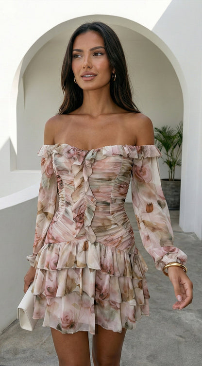 Sorrento Beige Multi Off-Shoulder Floral Ruffle Mini Dress
