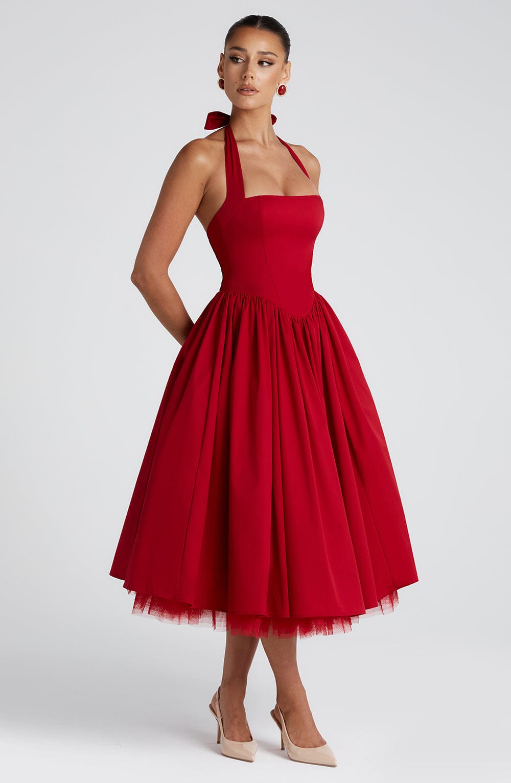 Cressida Red Midi Dress in XS - styled look