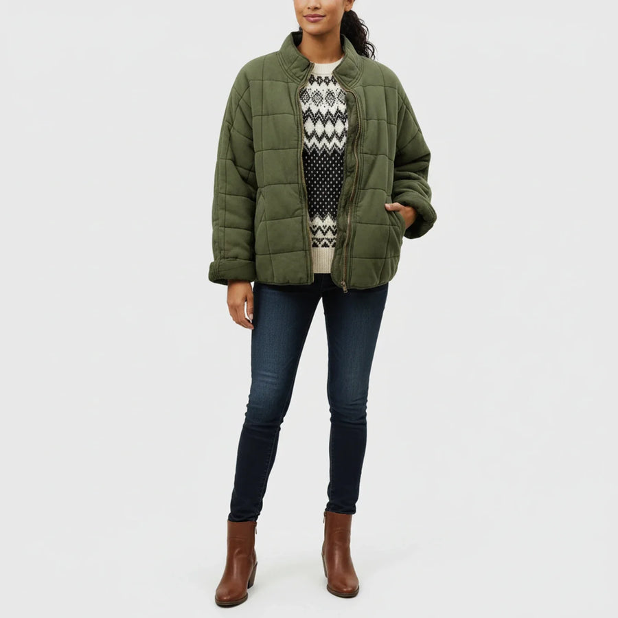 Luvrefashion | Ladies' Quilted Flight Jacket in Green - side view