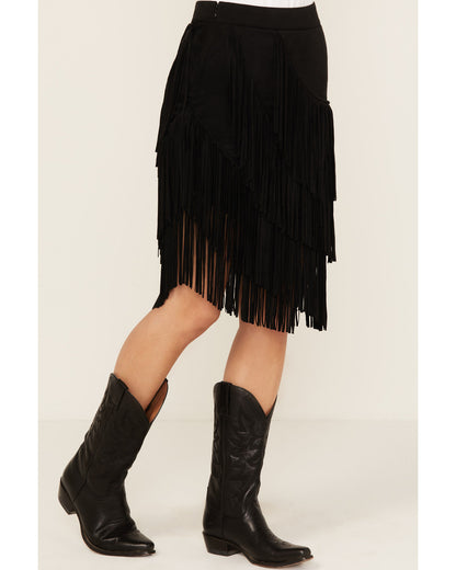 Black Asymmetrical Faux Suede Fringe Mini Skirt