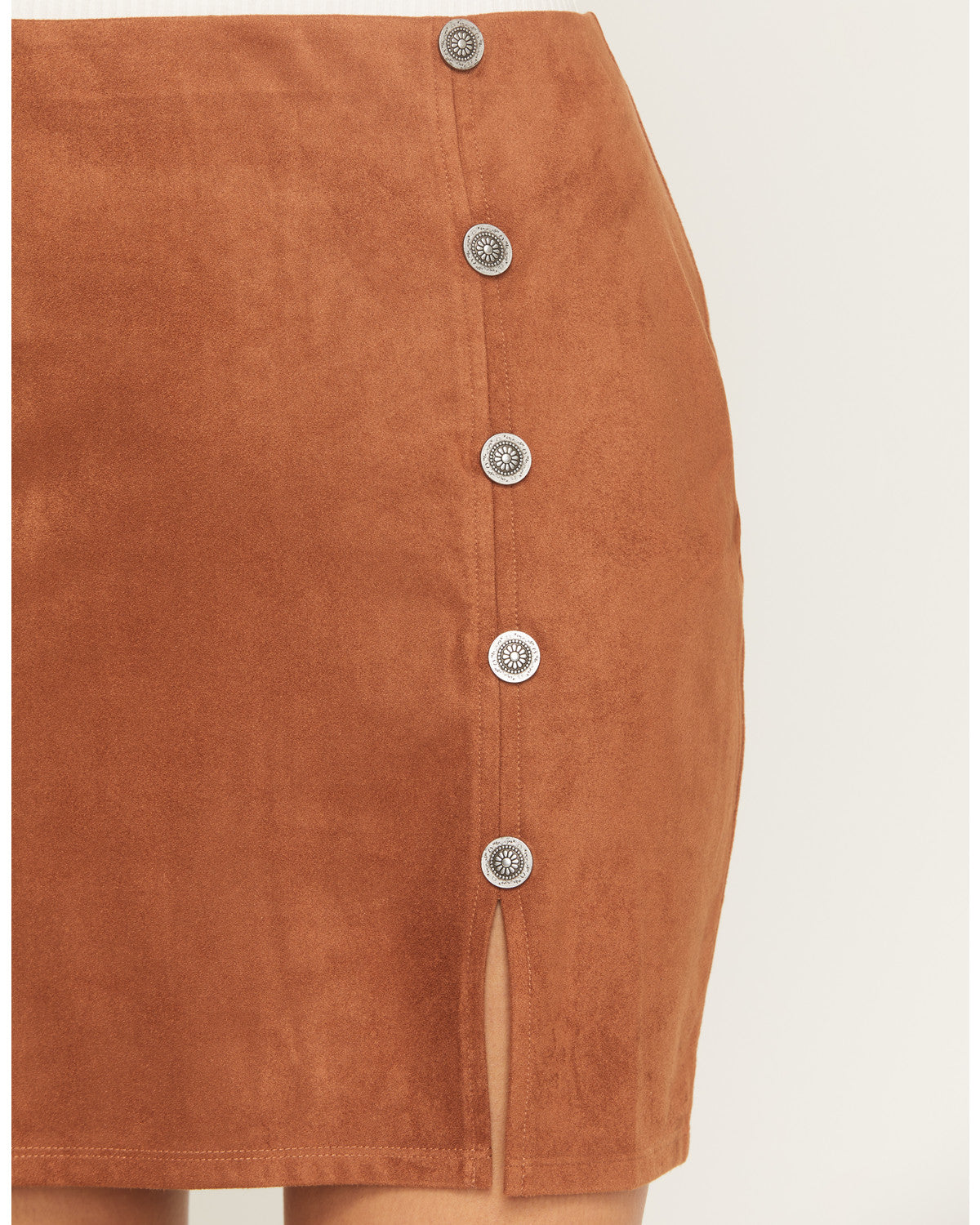 Brown Faux Suede Concho Button Mini Skirt with Elastic Waistband
