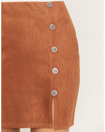 Brown Faux Suede Concho Button Mini Skirt with Elastic Waistband