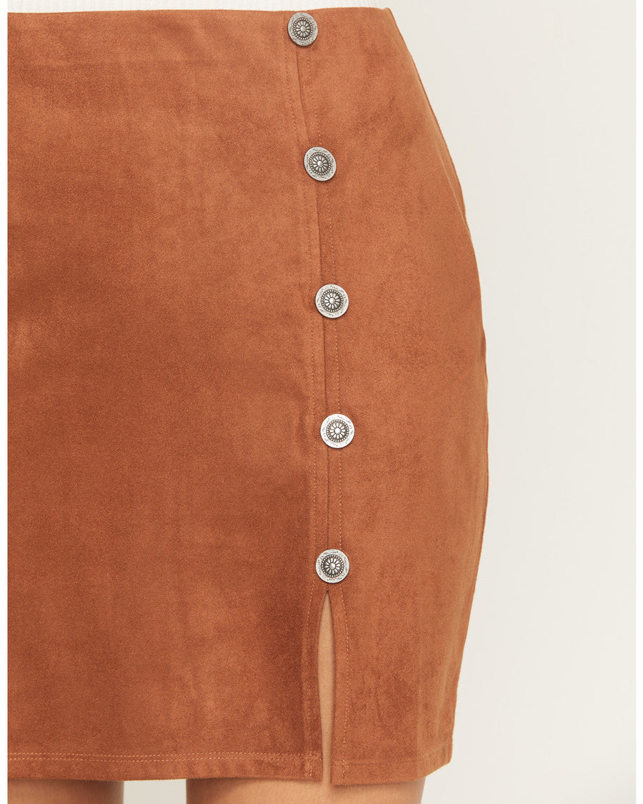 Brown Faux Suede Concho Button Mini Skirt with Elastic Waistband