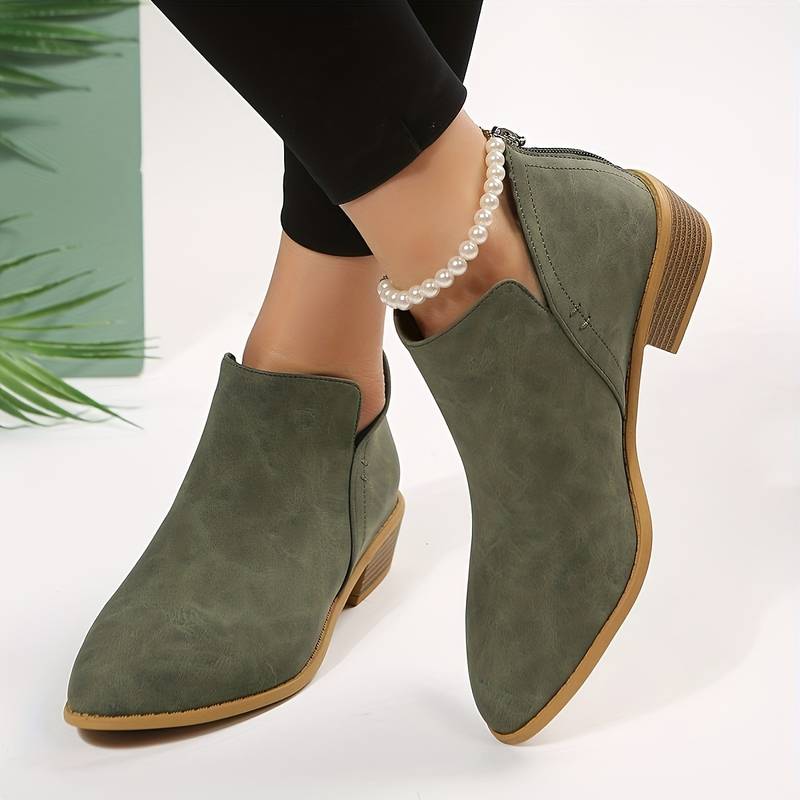 Lena Pointed Toe Wedge Ankle Boots in Green - front view