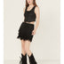 Black Faux Suede Fringe Mini Skirt with Hidden Zipper - Black