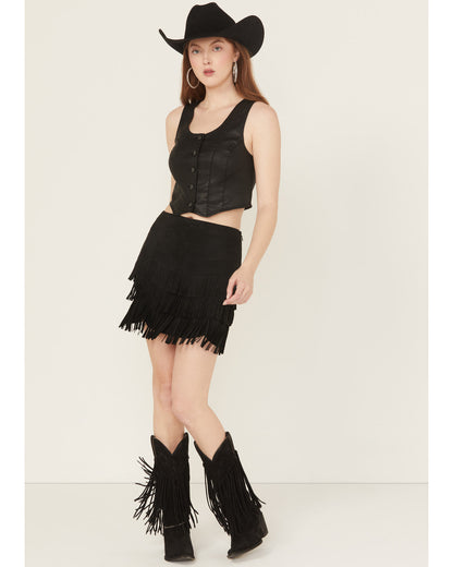 Black Faux Suede Fringe Mini Skirt with Hidden Zipper