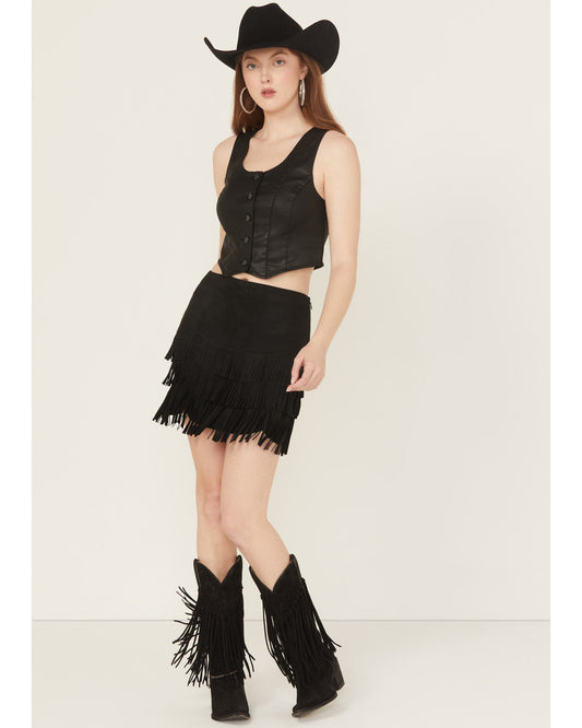 Black Faux Suede Fringe Mini Skirt with Hidden Zipper