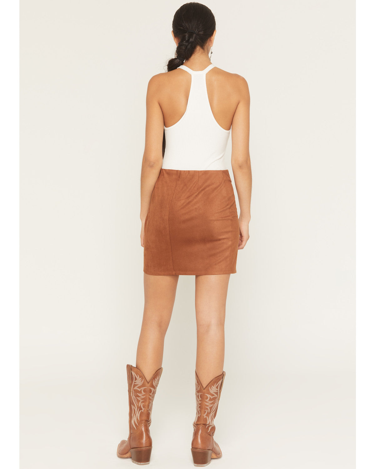 Brown Faux Suede Concho Button Mini Skirt with Elastic Waistband