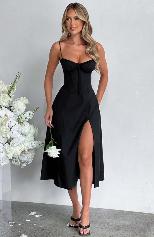 Deanna Black Midi Dress in XS - front view