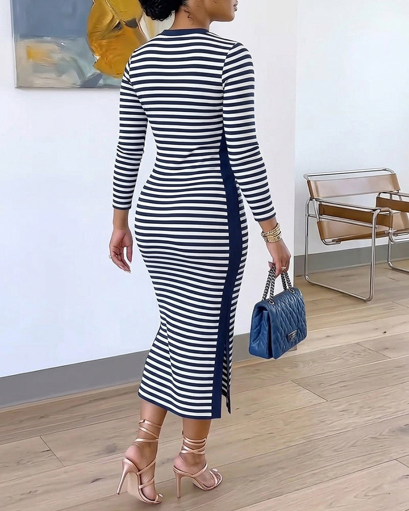 Sophia Striped Contrast Panel Midi Dress with Pockets
