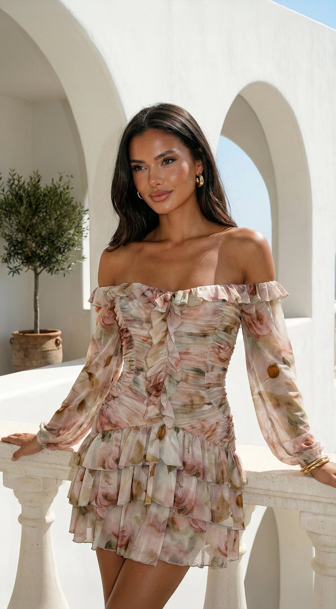 Sorrento Beige Multi Off-Shoulder Floral Ruffle Mini Dress