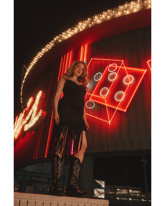 Black Asymmetrical Fringe Mini Skirt with Studded Hem