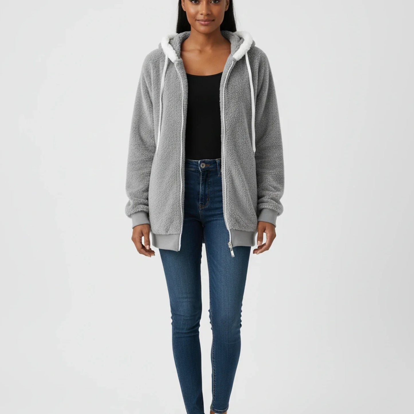 Ladies' Zip Up Hooded Sweater in Black - image 6