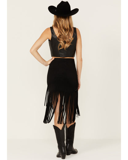 Black Asymmetrical Fringe Mini Skirt with Studded Hem