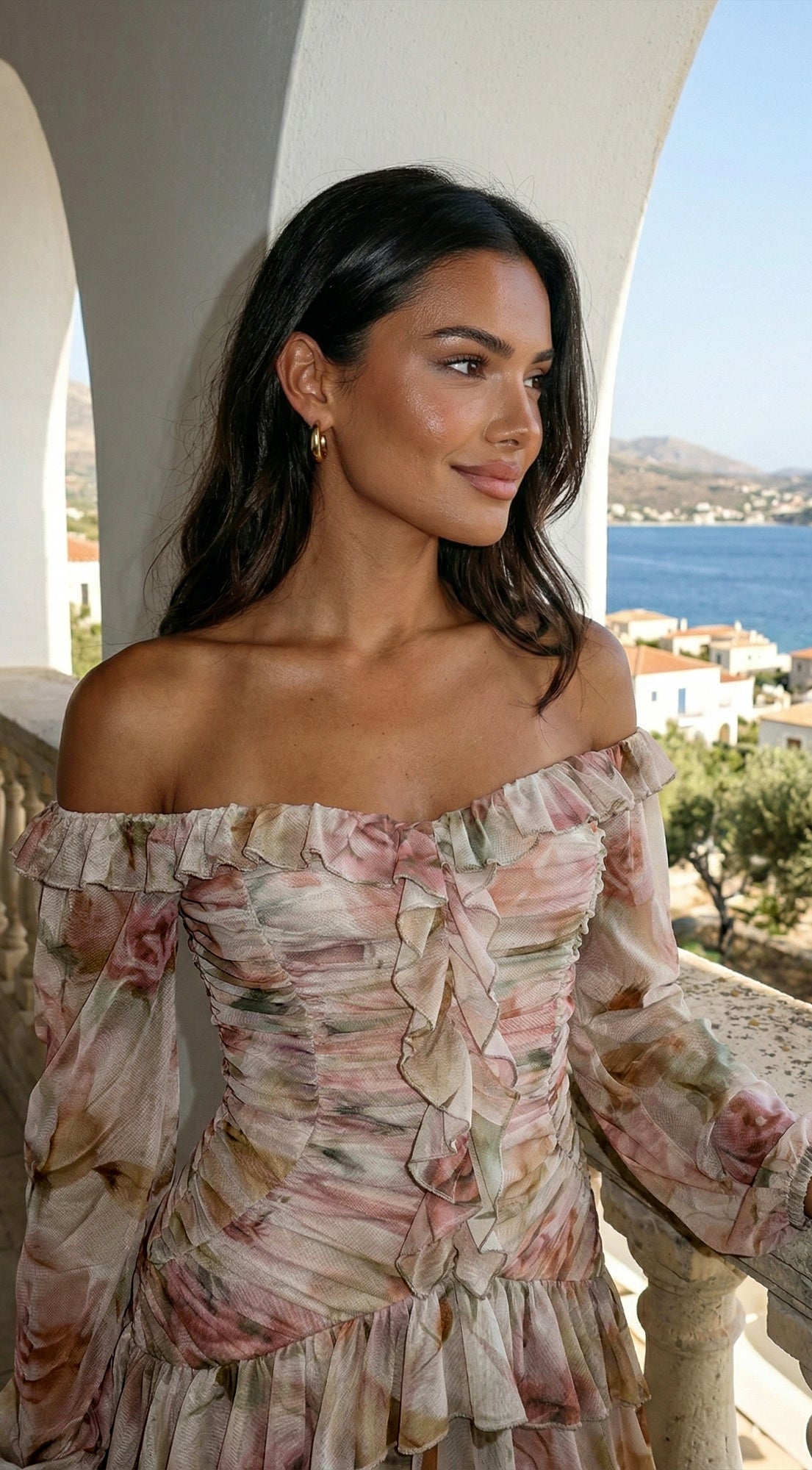 Sorrento Beige Multi Off-Shoulder Floral Ruffle Mini Dress