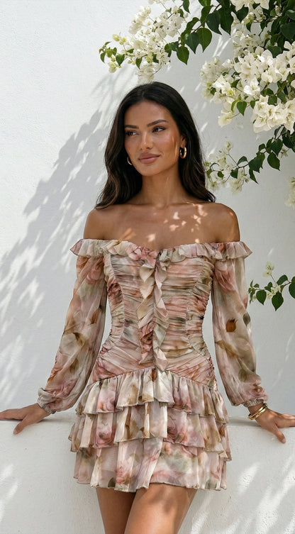 Sorrento Beige Multi Off-Shoulder Floral Ruffle Mini Dress