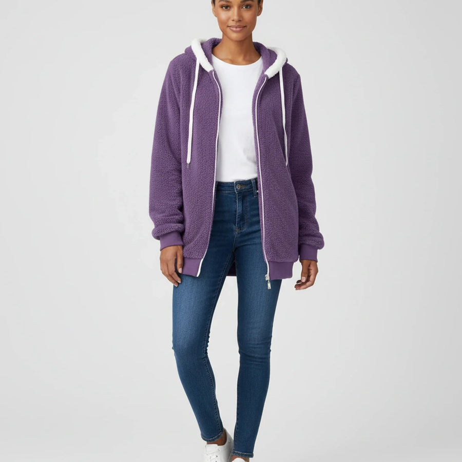 Luvrefashion | Ladies' Zip Up Hooded Sweater in Black - detail view