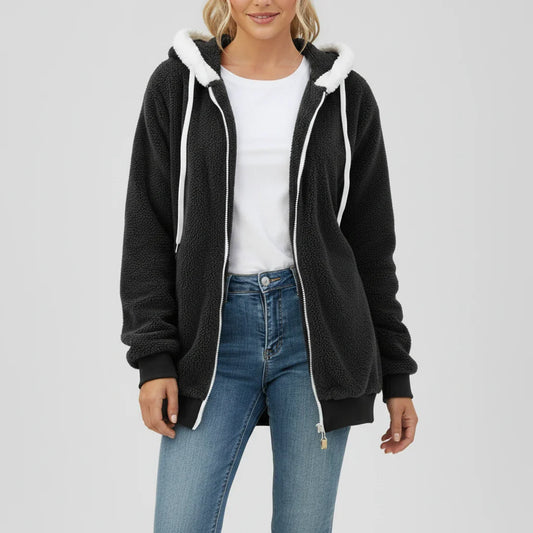 Ladies' Zip Up Hooded Sweater in Black - front view