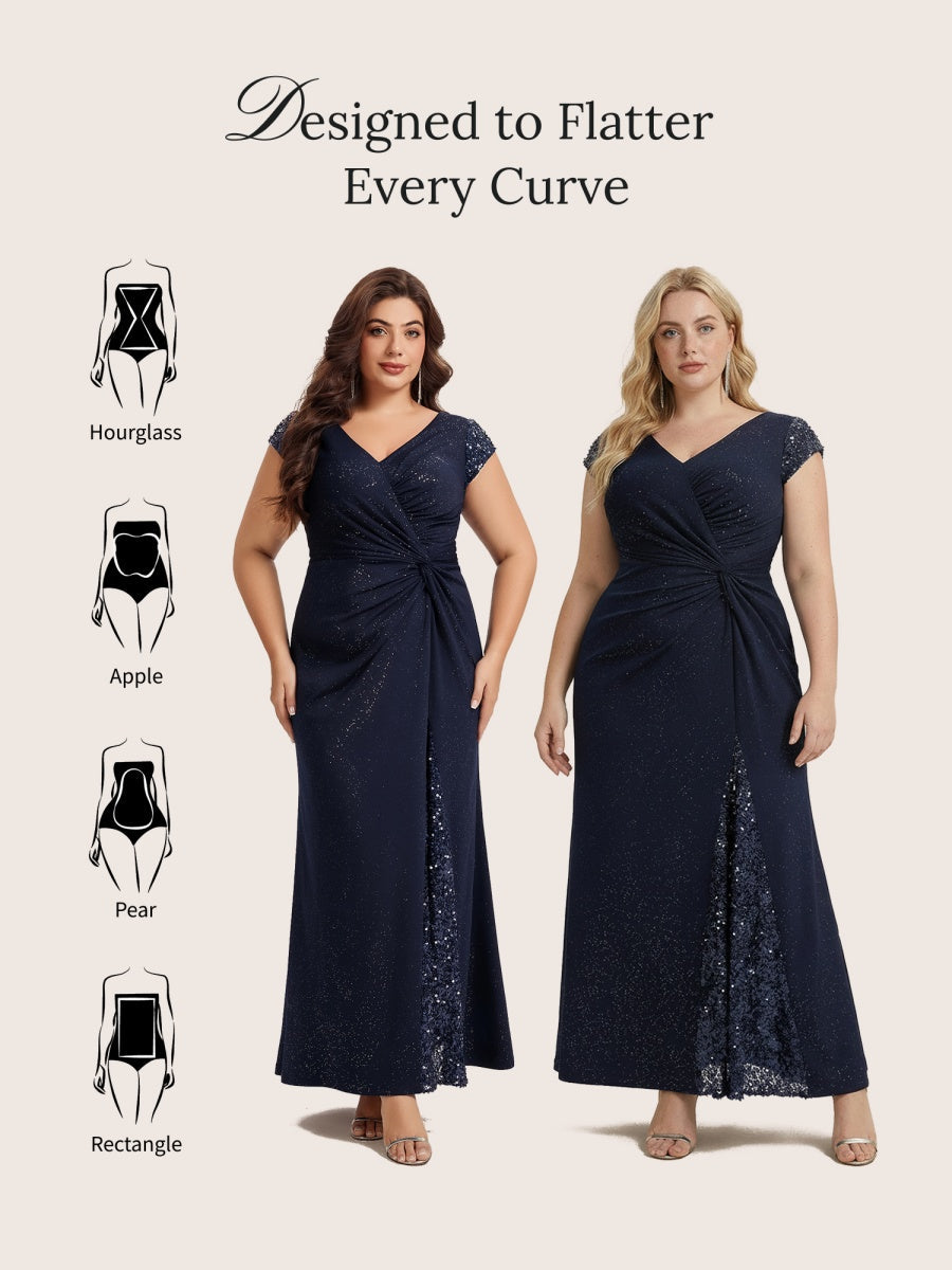 KAIA Silver Knotted Sequin Cap Sleeve Maxi Evening Dress