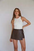 Lolita Espresso Faux Leather Wrap Mini Skort with Built-In Shorts