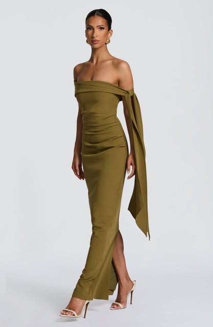 Luvrefashion | Addie Deep Olive Maxi Dress in XS - back view