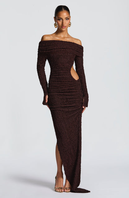 Luvrefashion | Adelphia Plum Brown Midi Dress in XS - front view