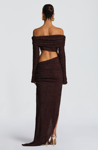 Luvrefashion | Adelphia Plum Brown Midi Dress in XS - side view