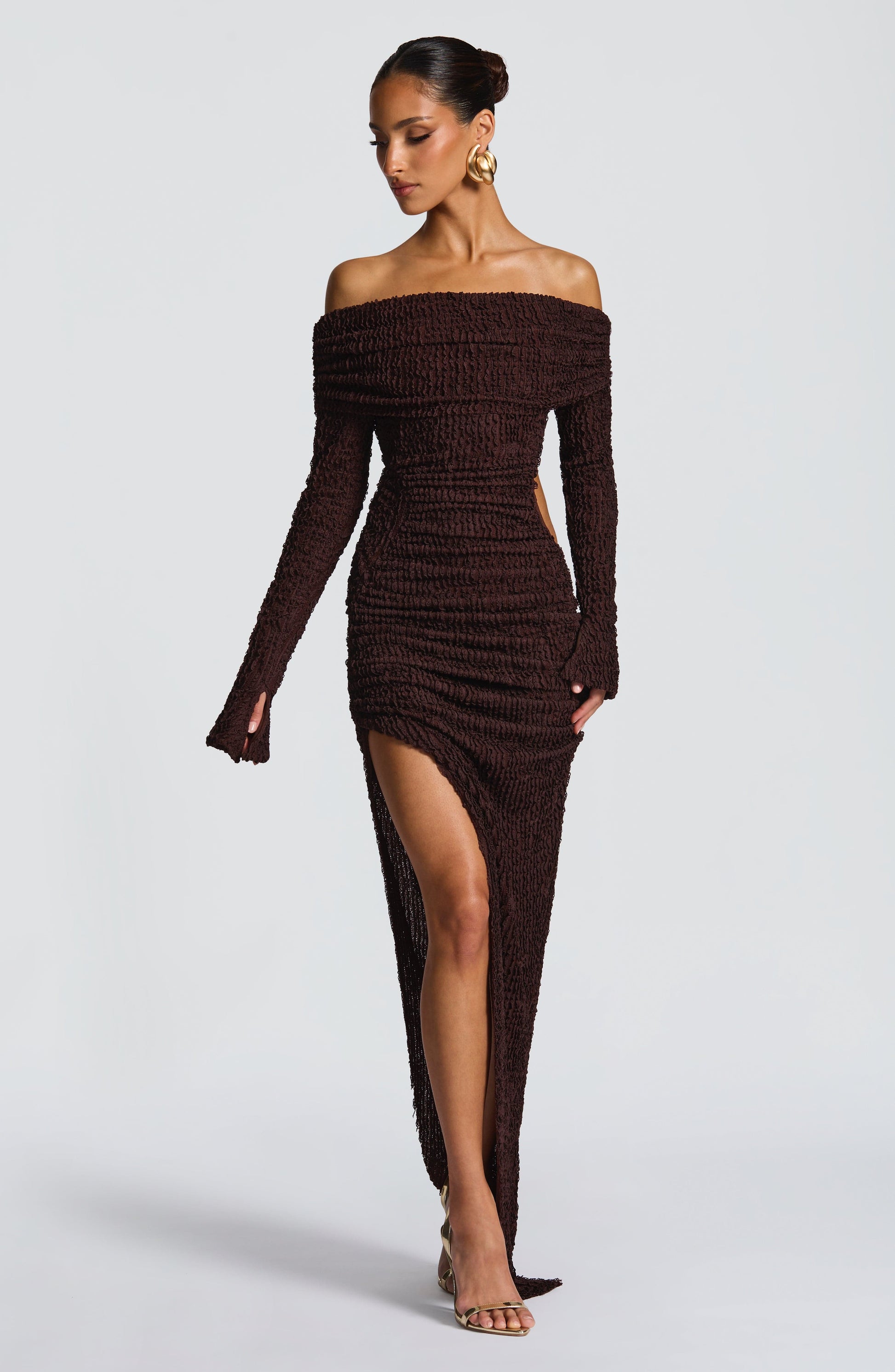 Luvrefashion | Adelphia Plum Brown Midi Dress in XS - styled look