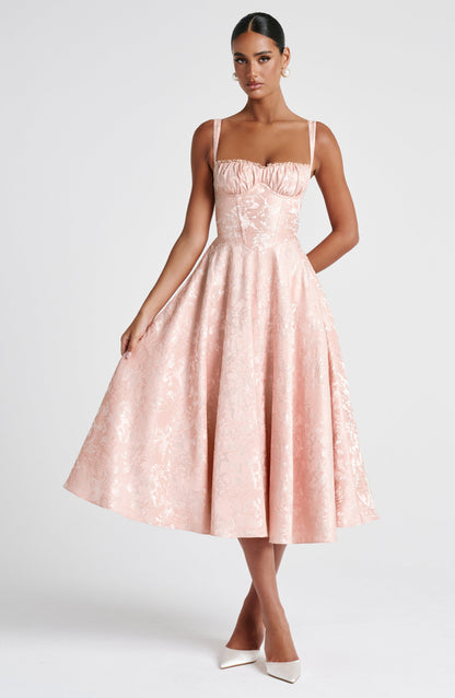 Luvrefashion | Amity Soft Peach Midi Dress in XS - detail view