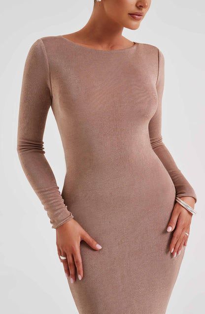 Luvrefashion | Anastassia Chocolate Maxi Dress in XS - styled look
