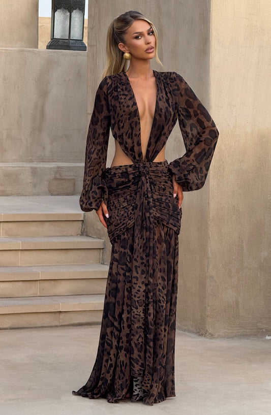 Luvrefashion | Andrina Leopard Print Maxi Dress in XS - front view