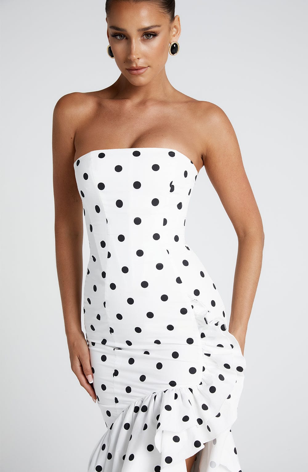 Luvrefashion | Angelina Black Polka Dot Maxi Dress in XS - detail view
