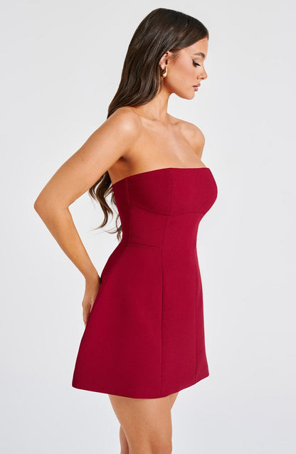Luvrefashion | Asha Wine Colored Mini Dress in XS - detail view