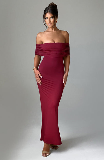 Luvrefashion | Belinda Burgundy Maxi Dress in XS - styled look