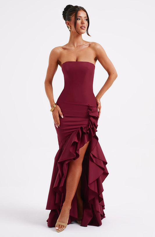 Luvrefashion | Burgundy Angelina Maxi Dress in XS - front view