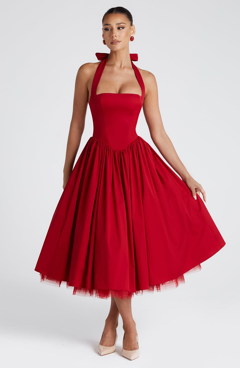 Luvrefashion | Cressida Red Midi Dress in XS - front view