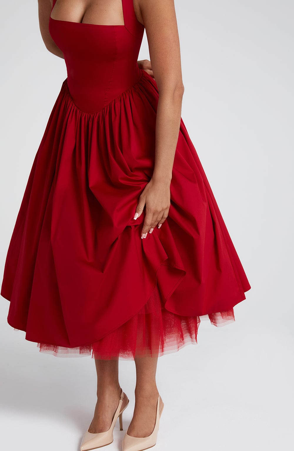 Luvrefashion | Cressida Red Midi Dress in XS - back view