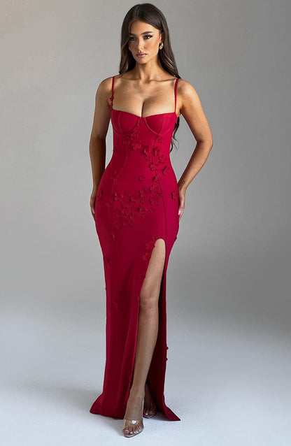 Luvrefashion | Dalary Red Lined Maxi Dress in XS - front view
