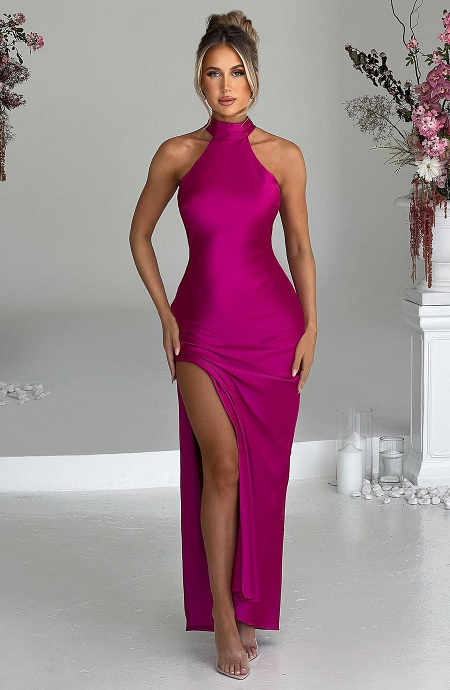 Luvrefashion | Etta Full Length Dress Vibrant Pink in XS - side view